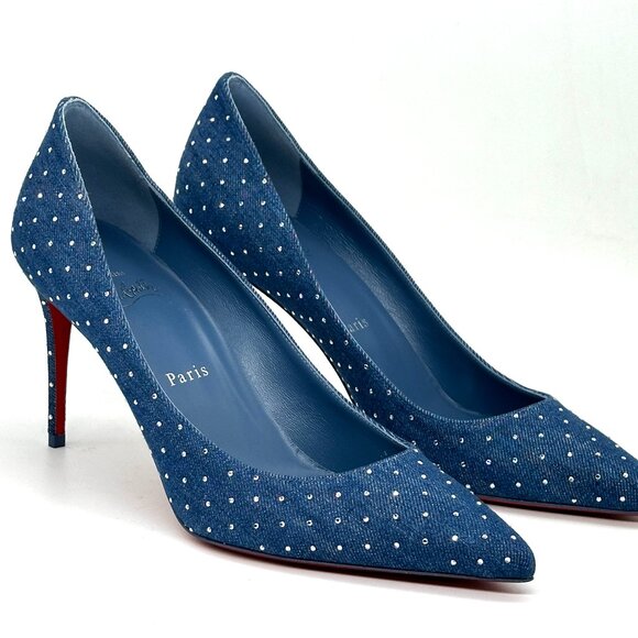 Christian Louboutin KATE PLUM STRASS 85 Crystal Denim Heels Pumps Shoes - Picture 8 of 15
